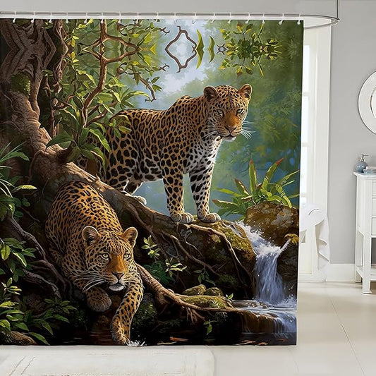Feelyou Leopard Bath Curtain Kids Leopard Shower Curtain Wild Leopard Bathroom Shower Curtain Set Kids Toddler Yellow Leopard Kids Bathroom Accessories Mountain Leopard 72"x72"