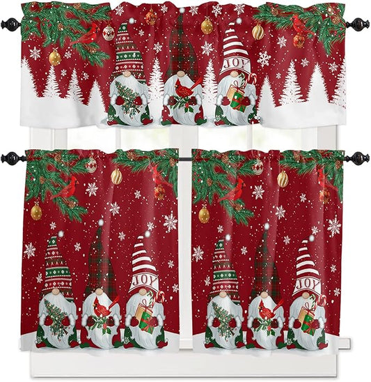 Christmas Gnomes Kitchen Curtains and Valances Set, Red Winter Holidays Window Treatments Tiers White Snowflakes Xmas Trees Half/Short Curtains for Small Windows Cafe /Living Room/ Bedroom 54x24 in