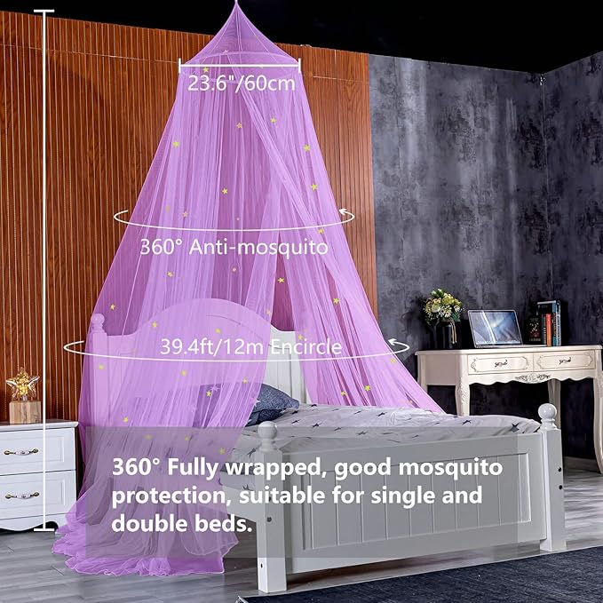 Bed Canopy for Girls, Glowing Stars Bed Curtain Draperies Romantic Mosquito Net for Baby, Kids, Adult (Purple)