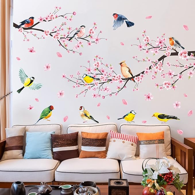 Amaonm 4 Sheets of 12"x36" Removable Pink Red Cherry Blossom Flowers Wall Stickers DIY Flying Birds and Tree Brances Wall Decals 3D Peel and Stick Floral art Decor for Kids Girls Bedroom Living Room Nursery Decoration (51"x75")