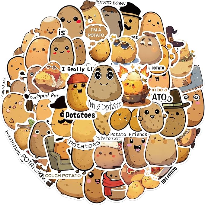 50PCS Funny Stickers Potato Stickers Cute Cartoon Vinyl Waterproof Stickers for Laptop,Bumper,Skateboard,Water Bottles,Computer,Phone, for Kids,Teens,Adult, Watcr