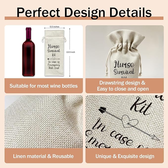 Nurse Wine Gift Bags, Nurse Gifts for Nurse Practitioner RN Nursing Student, 1pcs Nurse Survival Kit Reusable Burlap Wine Gift Bags for Wine Bottles, Nurse Week Graduation Holiday Party Favor -13