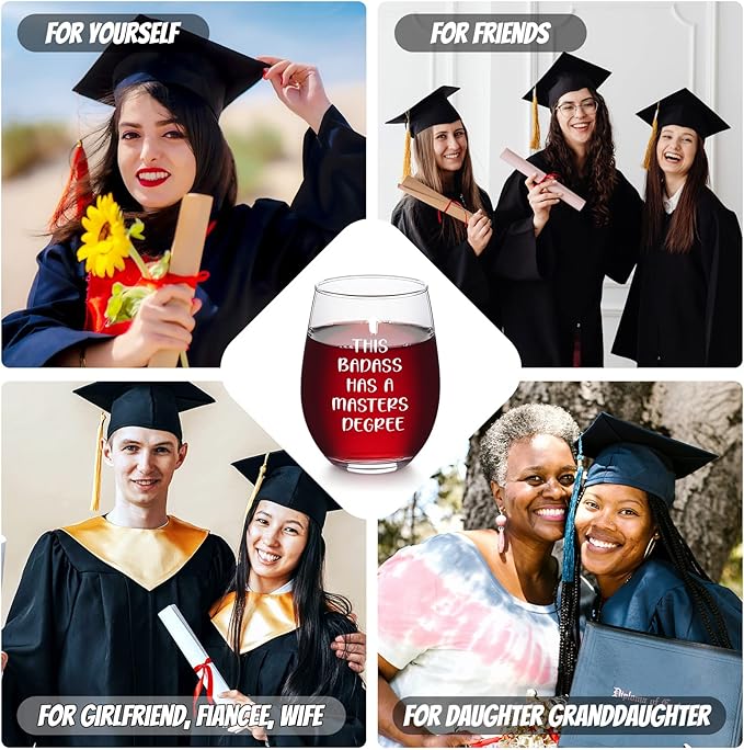 DAZLUTE Graduation Gifts, This Badass Has a Masters Degree Stemless Wine Glass for Her Women Sister Friends Graduates School Students Graduation Party, Masters Degree Graduation Gifts for Her, 17Oz