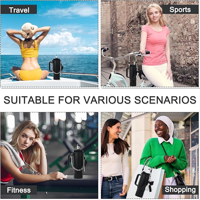 BELSITA Stanley Cup Accessories Set, Bow Pearl Chain Braided Design Water Bottle Handle Strap, Silicone Stanley Cup Boot, Stanley Charms for Stanley Cup 30/40oz Tumble (Black)