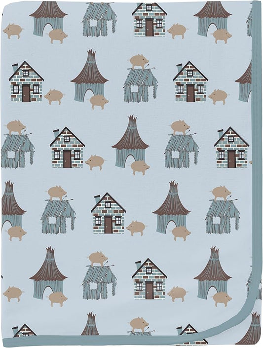 KicKee Print Swaddle Blankets, Silky Soft Baby Blanket, 40” x 29” (Illusion Blue Three Little Pigs - One Size)
