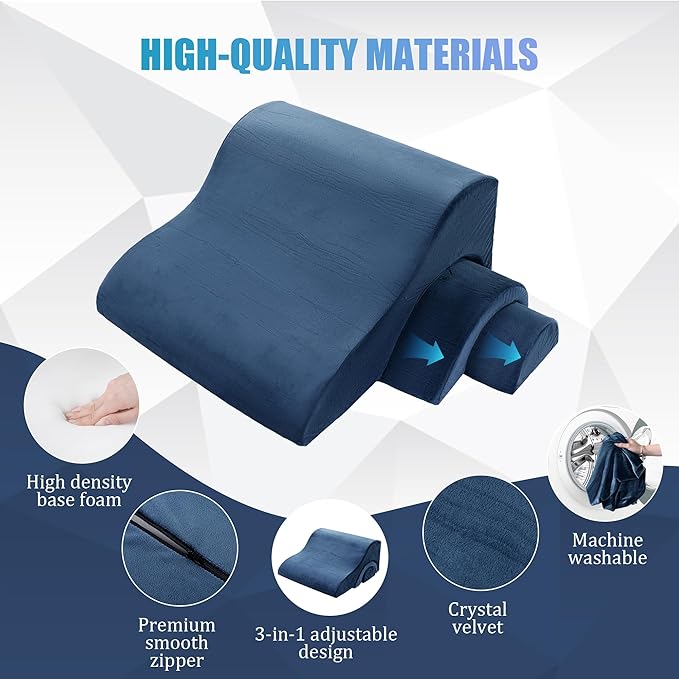 ROYALAY 3 PCS Adjustable Wedge Pillow for Sleeping, 3-in-1 High-Density Foam Wedge Pillow Set, Sleeping Wedge Pillow for Adults, Incline Bed Wedge Pillow for Back, Neck, Leg Support, Acid Reflux,blue