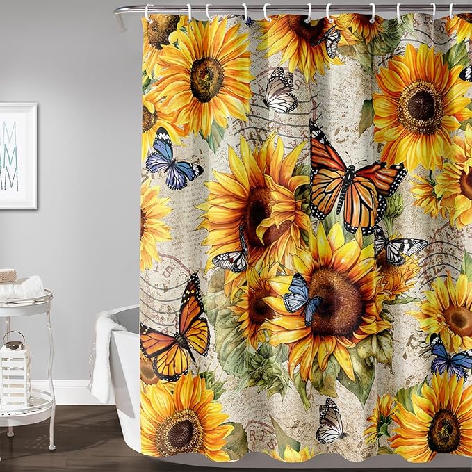 AILONEN Girls Sunflower Shower Curtain,Butterfly Sunflower Bath Curtain for Kids Women,Vintage Yellow Flower Decor Bathroom Curtain with 12 Plastic Hooks, 72" W x 84" H