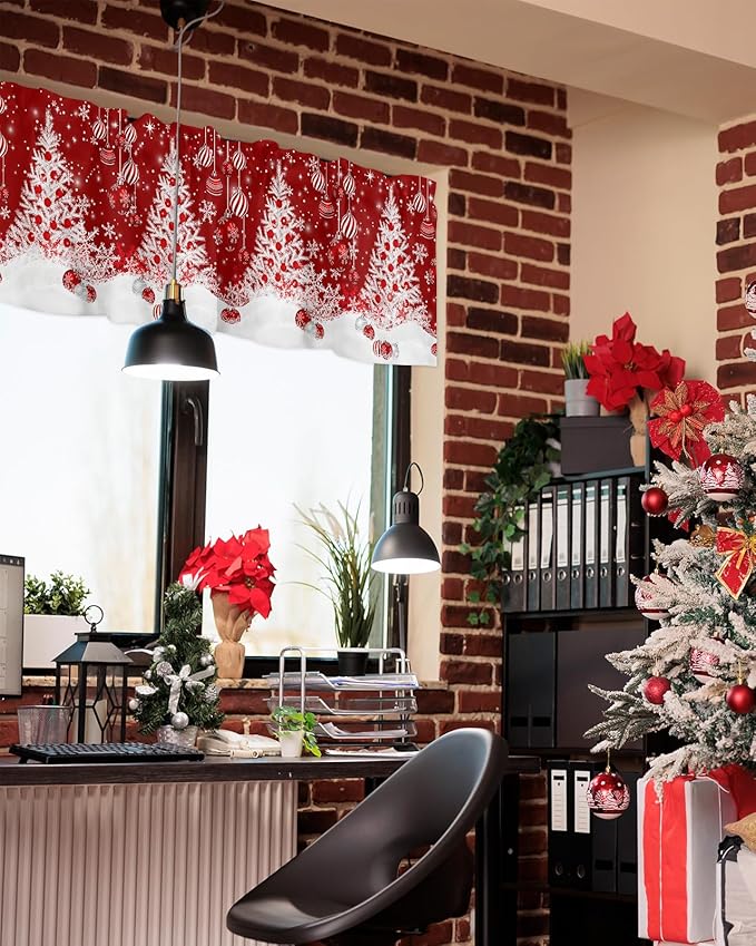 Red Christmas Valance Curtains for Kitchen Windows White Xmas Tree Snowflakes Red Balls Rod Pocket Window Treatment Toppers for Kitchen/Living Room/Bedroom/Bathroom, 54" X 18", Winter