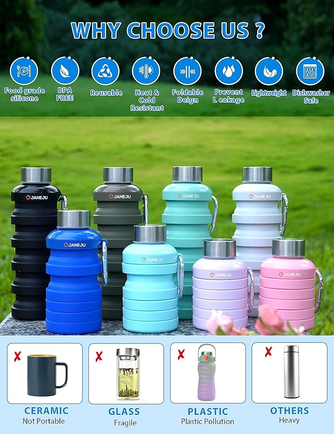 JaneJu Collapsible Water Bottle, 17oz BPA Free Silicone Reusable Portable Lightweight Foldable Water Bottles with Carabiner, Portable Leak Proof Sports Water Bottle (Army Green)