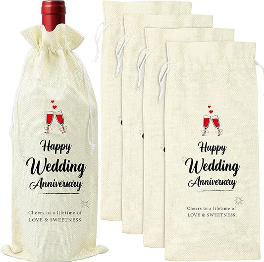 Omoojee 4 Pcs Wedding Anniversary Wine Bag, Couple Gift for Married Anniversary, Flax Drawstring Wine Bag