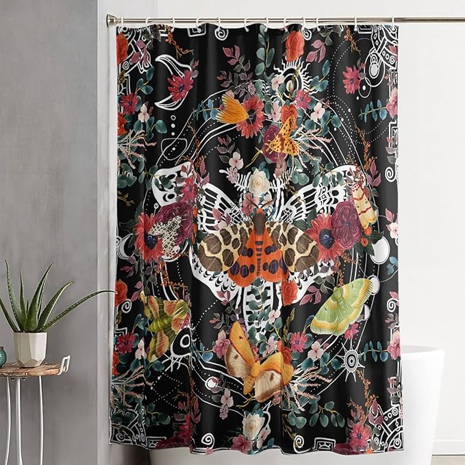 AILONEN Death Moth Shower Curtain,Sun Moon Shower Curtain Set for Kids Girls Boys,Boho Natural Plants Bathroom Decor Shower Curtain with 12 Hooks,72" W*78" H