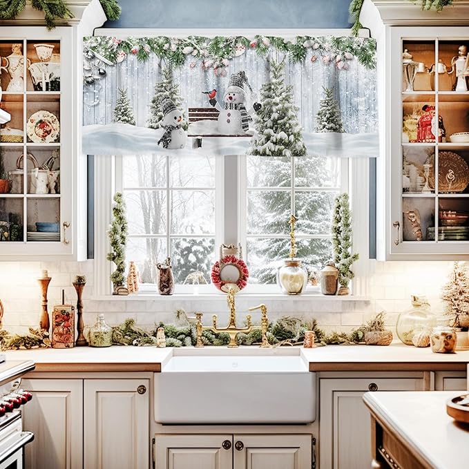 Merry Christmas Valance Curtains for Kitchen Windows Xmas Snowman Snowy Pine Tree Rod Pocket Window Treatment Toppers for Kitchen/Living Room/Bedroom/Bathroom, 42" X 18", Blue Winter
