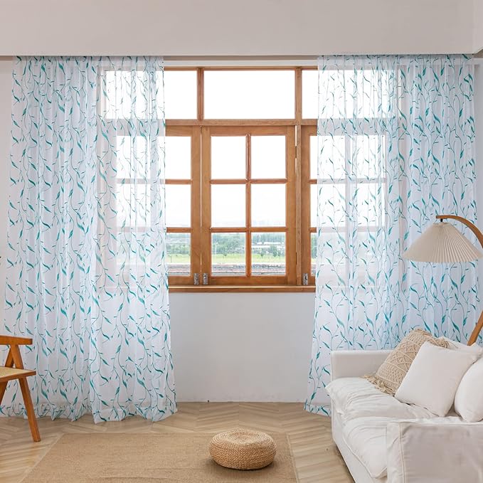 Windows Sheer Curtains Embroider Green Leaf 63 Inches Length 2 Panels Voile Light Filtering Sheer Curtains Panel Basic Rod Pocket for Bedroom Living Room Children Room