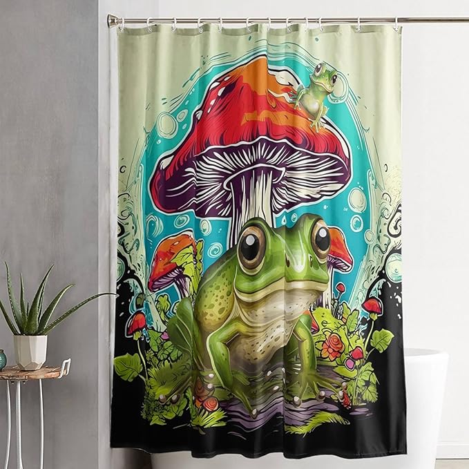 AILONEN Frog Mushroom Shower Curtain,Green Frog Waterproof Fabric Bath Curtain for Kids Girls Boys,Cartoon Animal Wildlife Red Mushroom Shower Curtain Set for Bathroom with Hooks,36" W*72" H