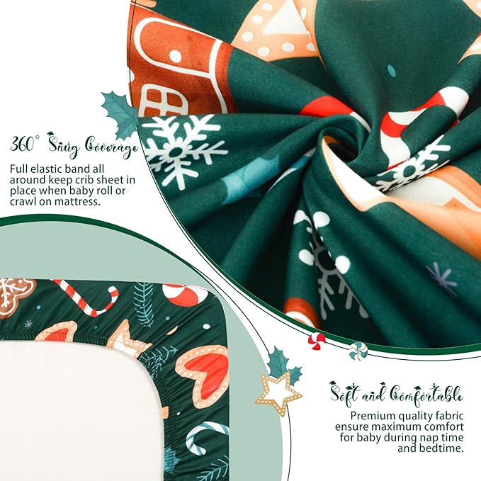 JISEN Christmas Crib Sheet Gingerbread Fitted Crib Sheet for Boys Girls Crib Mattress Cover Baby Sheet for Standard Crib and Toddler Mattress Soft Breathable Baby Bed Sheet for Neutral 52x28 Inch