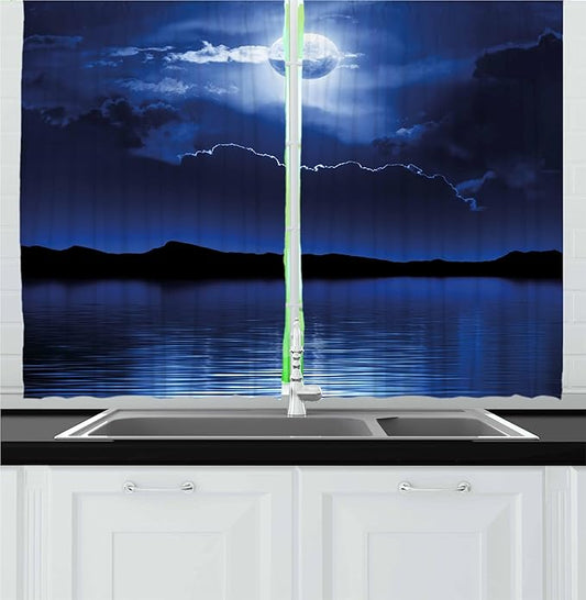 Ambesonne Night Kitchen Curtains, Fantasy Moon and Clouds Over Calm Water Seascape Dramatic Cloudy Dark Sky, Window Drapes 2 Panel Set for Kitchen Cafe Decor, 55" x 24", Navy Blue