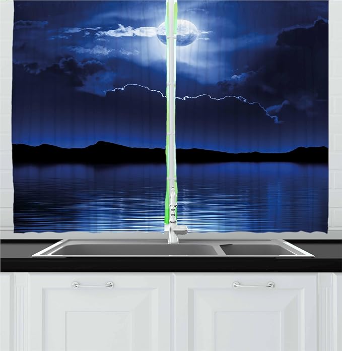 Ambesonne Night Kitchen Curtains, Fantasy Moon and Clouds Over Calm Water Seascape Dramatic Cloudy Dark Sky, Window Drapes 2 Panel Set for Kitchen Cafe Decor, 55" x 30", Navy Blue
