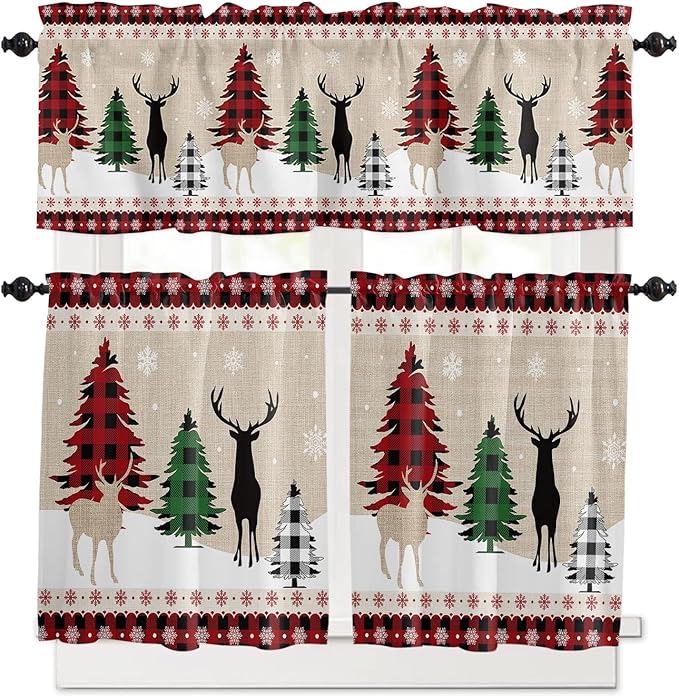 Farmhouse Christmas Kitchen Curtains and Valances Set, Rustic Plaid XMAS Tree Snowflakes Window Treatments Tiers Red Green Black Half/Short Curtains for Small Windows Cafe /Living/ Bedroom 54x 36 in