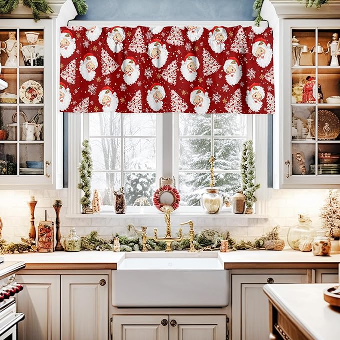 Red Christmas Valance Curtains for Kitchen Windows Santa Claus Merry Christmas Tree Rod Pocket Window Treatment Toppers for Kitchen/Living Room/Bedroom/Bathroom, 60" X 18", Winter Snowflake