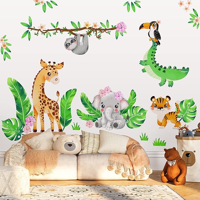 Large Safari Animal Wall Decals for Kids by Lipastick - 142 pcs Jungle Animal Wall Stickers for Kids Baby Girl Boy Room - Creative Nursery Vinyl Wall Decal - Elephant Giraffe Crocodile Parrot XXL Size