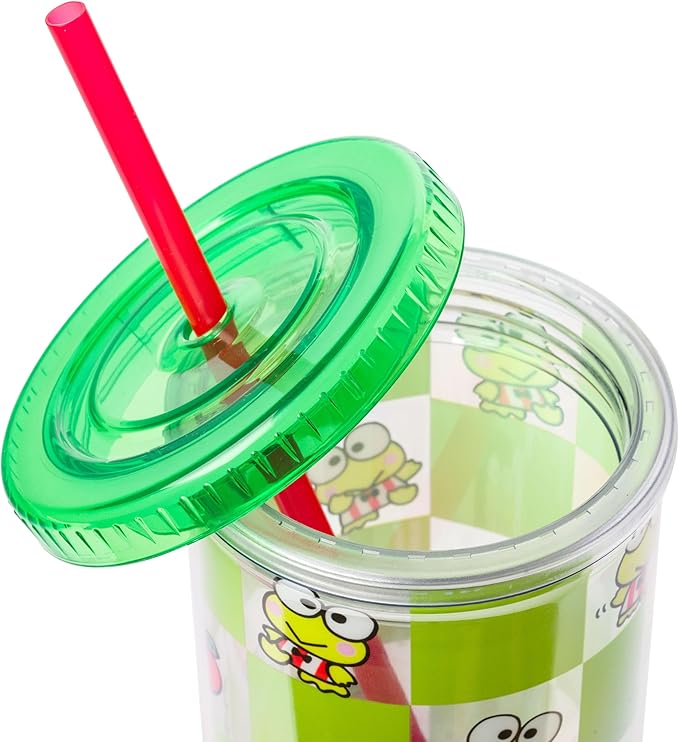 Silver Buffalo Sanrio Hello Kitty and Friends Keroppi Green Checkered Plastic Cold Cup with Lid and Straw, 20 Ounces