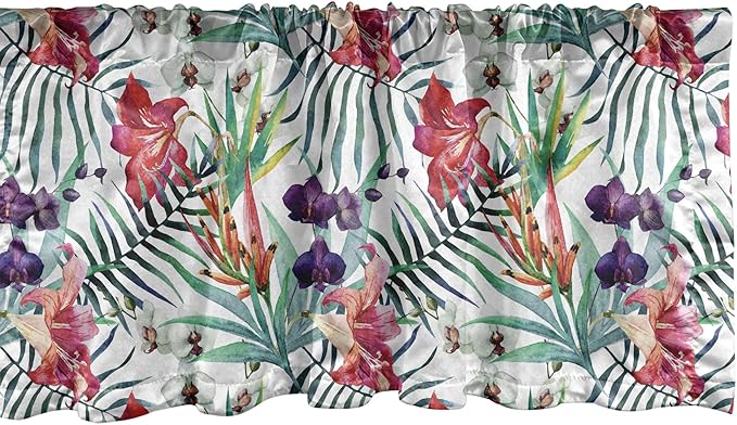 Ambesonne Watercolor Flower Window Valance, Tropical Wild Orchid Flowers with Palm Leaves Print Exotic Style Nature, Curtain Valance for Kitchen Bedroom Decor with Rod Pocket, 54" X 12", Green Red