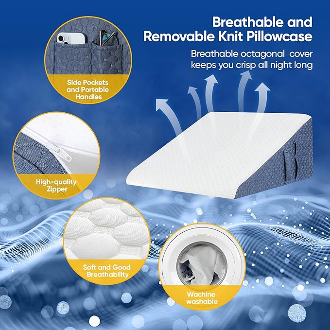 Wedge Pillow for Sleep Apnea, 2024 New 10'' Bed Wedge Pillow, Acid Reflux, Heartburn, GERD, Neck Pain, Cooling Memory Foam Top, Removable Washable Cover Incline Pillow for Improved Sleep