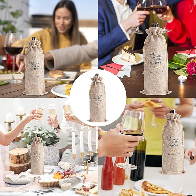Wedding Wine Bag, Engagement Gifts Wine Bag, Bridal Shower Gifts for Newlyweds Cotton Linen Wine Bag With Drawstring Ideas Wine Bottle Bag for Wedding Planner Couples Bachelorette Party