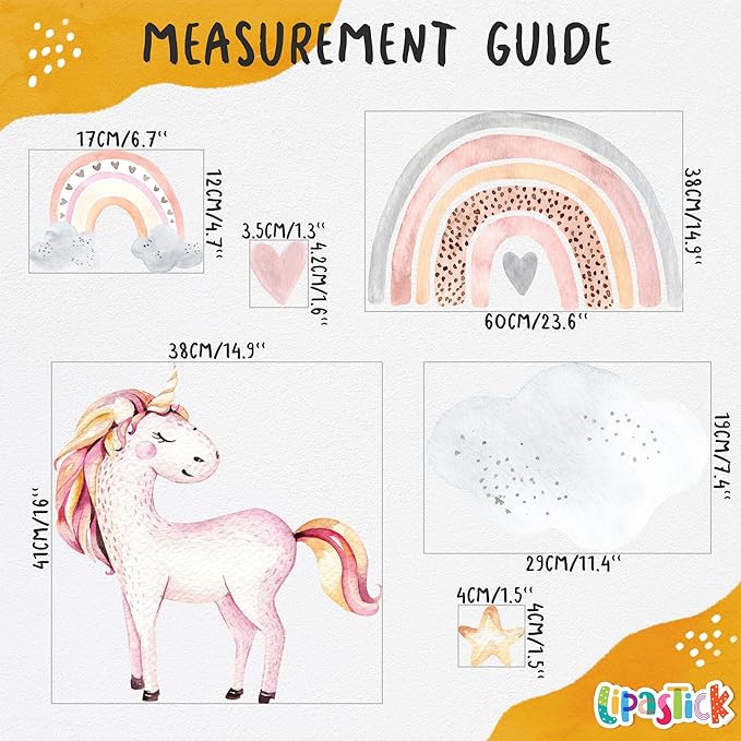 Large Rainbow Wall Decals by Lipastick - 132 pcs Rainbow Wall Stickers - Unicorn Wall Decals for Kids Bedroom Room Nursery – Kids Wall Stickers Cloud Stars Ponies - Waterproof Wall Art Décor L Size
