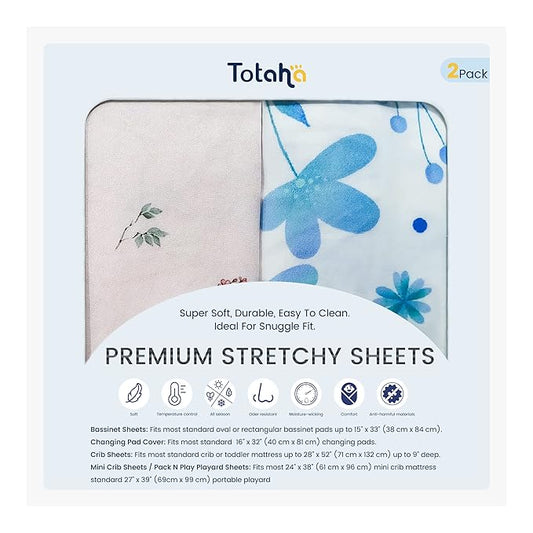 TotAha Premium Stretchy Crib Sheets (2-Pack)-Hypoallergenic, Silky Comfort, Buttery Soft, Calming Effect, All-Season Jersey-Knit Sheets, 28 X 52 X 9'' (Blue Flower & Small Floral)