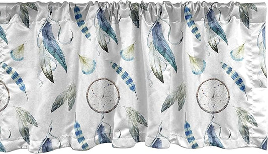Ambesonne Tribal Window Valance, Aztec Exotic Feathers Dreamcatchers Traditional Folk Watercolor Boho Art, Curtain Valance for Kitchen Bedroom Decor with Rod Pocket, 54" X 12", Blue Green