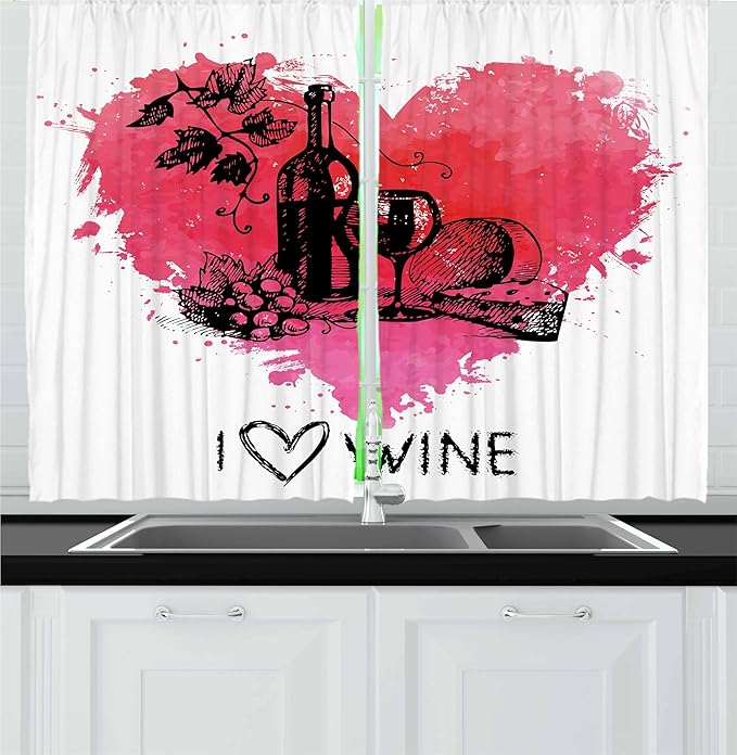 Ambesonne Wine Kitchen Curtains, Hand Drawn Sketch Illustration with Splash Watercolor Heart I Love Wine Theme, Window Drapes 2 Panel Set for Kitchen Cafe Decor, 55" x 24", Black Coral