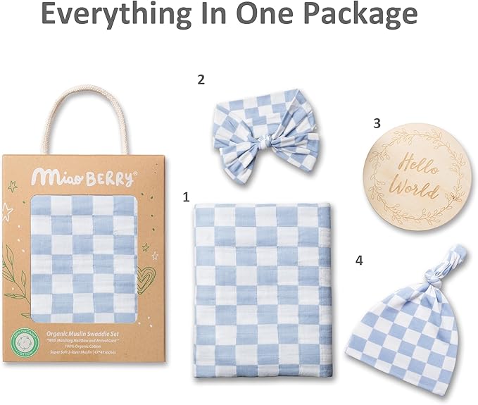 Miaoberry Checkered Muslin Swaddle Set, 100% Organic Cotton, Mist Blue,Checkerboard, Gender-neutral, with matching bow, hat and wooden baby arrival/announcement card