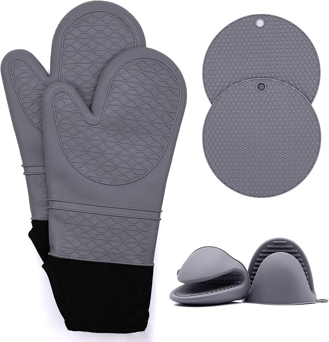 Extra Long Oven Mitts and Pot Holder Set for Ultimate Kitchen Safety- Hot Pads and Oven Mitts- Heavy Duty- Silicone Heat Resistant Oven Mitts and Pot Holder Set(Light Gray)
