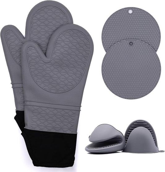 Extra Long Oven Mitts and Pot Holder Set for Ultimate Kitchen Safety- Hot Pads and Oven Mitts- Heavy Duty- Silicone Heat Resistant Oven Mitts and Pot Holder Set(Light Gray)