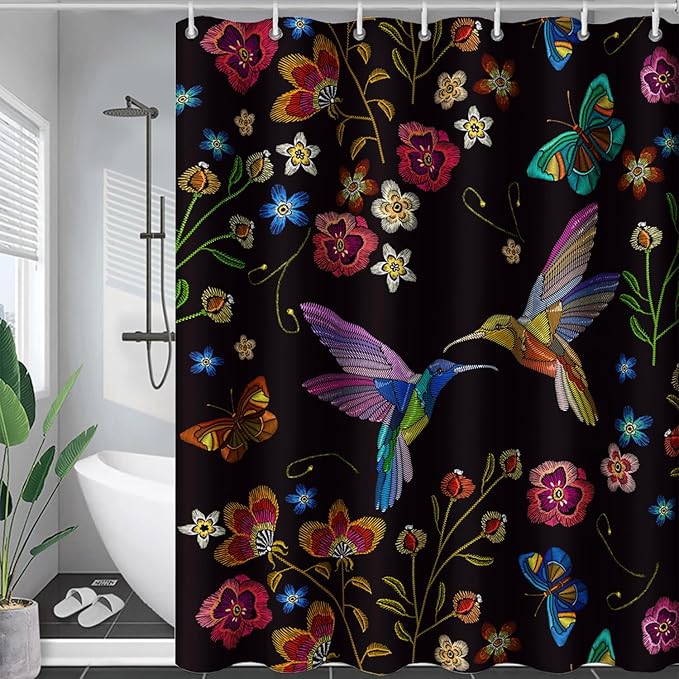 AILONEN Retro Hummingbird Shower Curtain,Wild Floral Flower Bathroom Decor with 12 Plastic Hooks,Bird Butterfly Vintage Black Curtains,Modern Bedroom Decor Gifts for Girls Teen Adult 36" W*72" H
