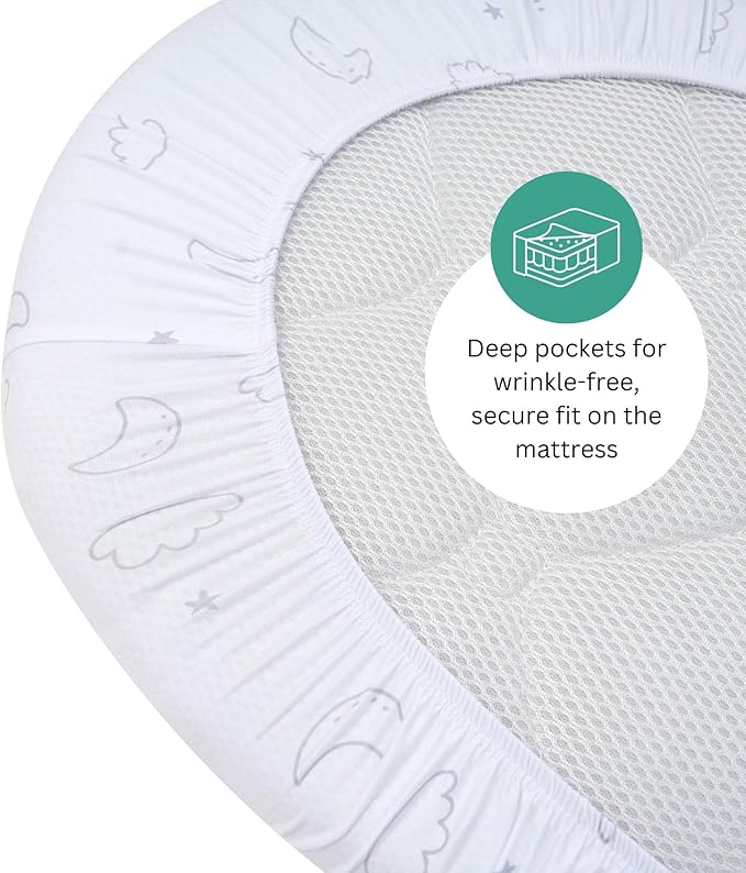 Bassinet Sheets for Mika Micky, Cuddor, Evolur Bedside Sleeper by TansyPanda, 3 Pack, 19 x 32 Inch, Ultra Soft, Breathable, and Snug Fit, Unisex Boys and Girls, Gray White (Moon, Stars, and Clouds)