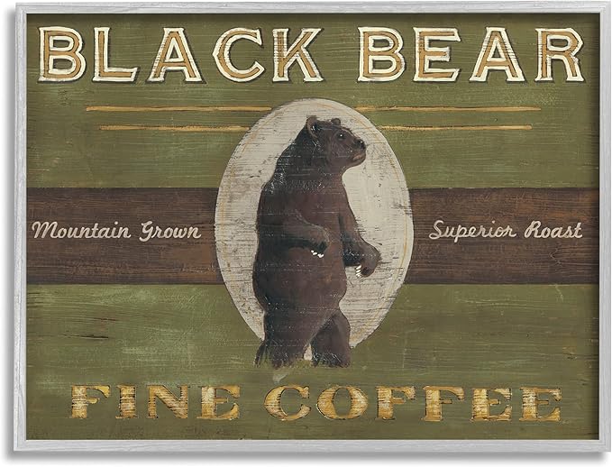 Stupell Industries Black Bear Fine Coffee Rustic Kitchen Mountain Animal, Designed by June Erica Vess Gray Framed Wall Art, 16 x 20, Green
