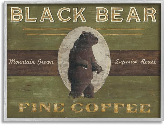 Stupell Industries Black Bear Fine Coffee Rustic Kitchen Mountain Animal, Designed by June Erica Vess Gray Framed Wall Art, 11 x 14, Green