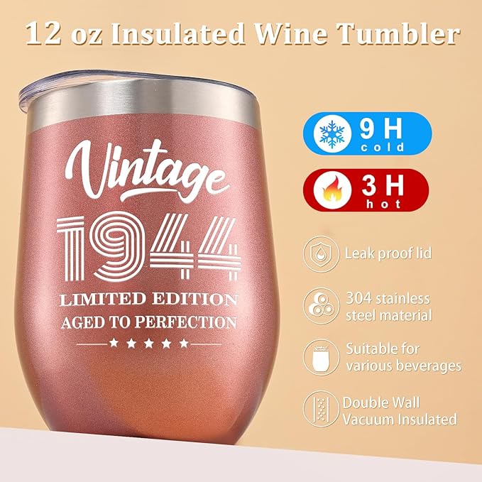Lifecapido 80th Birthday Gifts for Women, Vintage 1944 Limited Edition Insulated Wine Tumbler with Wine Bag, Birthday Gifts for 80 Year Olds Woman, 80 Year Old Birthday Gifts for Mom Grandma, 12 oz