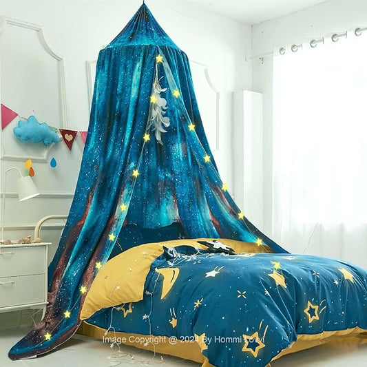 Galaxy Print Kids Bed Canopy, Girls Princess Bed Canopy Dreamy Room Decor, Soft Hanging Reading Nook Play Tent Canopy, Extra Large Full Size Bed Canopy with String Light