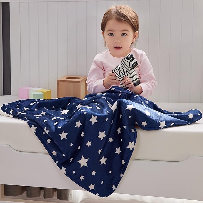 DaysU Silky Micro Soft Plush Baby Blankets Unisex with Print Star Pattern and Soothing Raised Dots, Double Layer Bed Throws for Toddler Cot, Star, Navy, 50x60 Inches