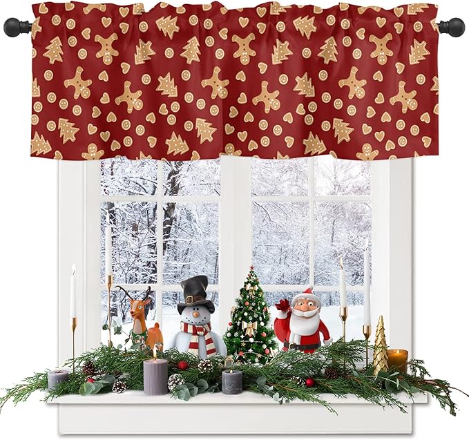 Christmas Valance Kitchen Curtains,Red Merry Christmas Gingerbread Man Cookies Window Treatments Short Curtain,Winter Holiday Decorations Rod Pocket Toppers for Bedroom/ Living Room,1 Panel-54" X 18"