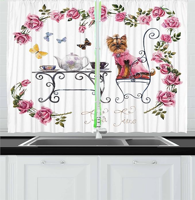 Ambesonne Yorkie Kitchen Curtains, Yorkshire Terrier in Pink Dress Having a Tea Party Tea Time Butterflies Roses, Window Drapes 2 Panel Set for Kitchen Cafe Decor, 55" x 36", Pink White