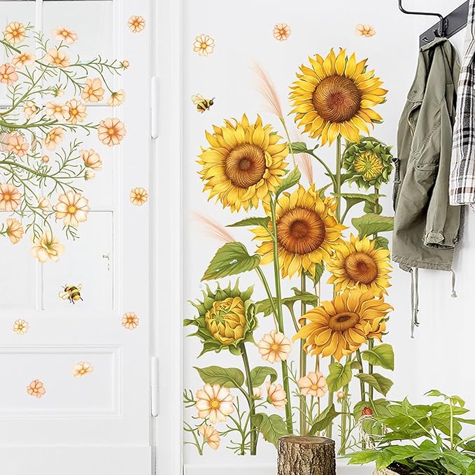 Large Sunflower Wall Decals Garden Flowers Butterfly Wall Stickers Green Leaves Floral Wall Art for Bedroom Bathoom Kids Wall Decor
