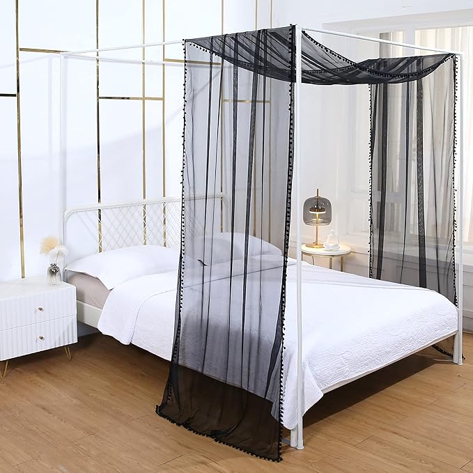 Akiky Pom Pom Canopy Bed Curtains Princess Bed Canopy Scarf for Full/Queen Metal Bed Frame,Wood Frame Bed-2 Panel Sheer Canopy Curtain(Black)