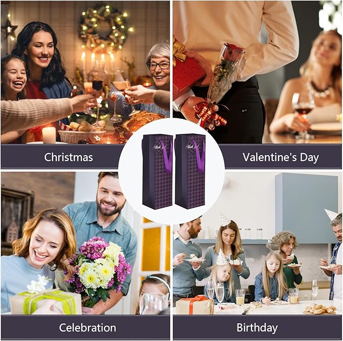 Wine Bags, 12 Packs, Strong Card Paper Wine Gift Bag with Ribbon Handles and Thank You Card, 4-3/8x 4 x 14 Fit 750ml Wine Bottle or Champagnes - Purple 12