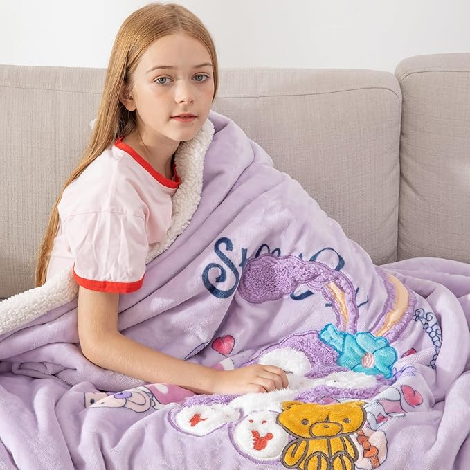 COSUSKET Kids Stella Lou Throw Blanket, 3D Cartoon Embroidery Sherpa Rabbit Blanket Girls Gifts