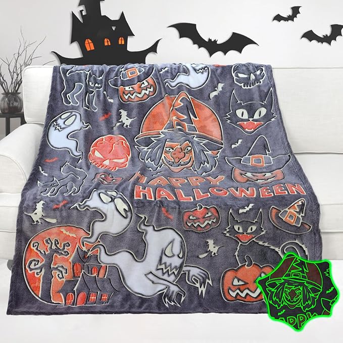 Witchy Blanket Halloween Glow in The Dark Blanket for Kids Women Adults Pumpkins Halloween Decorations for Bedroom