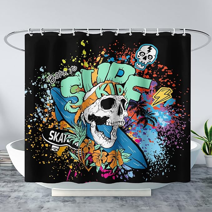 AILONEN Surf Skull Shower Curtain for Bathroom,Colorful Graffiti Flower Art Bathroom Curtain for Kids Boys Girls,Bath Curtain 72" W*78" H Polyester Waterproof Bathroom Curtain with 12 Hooks